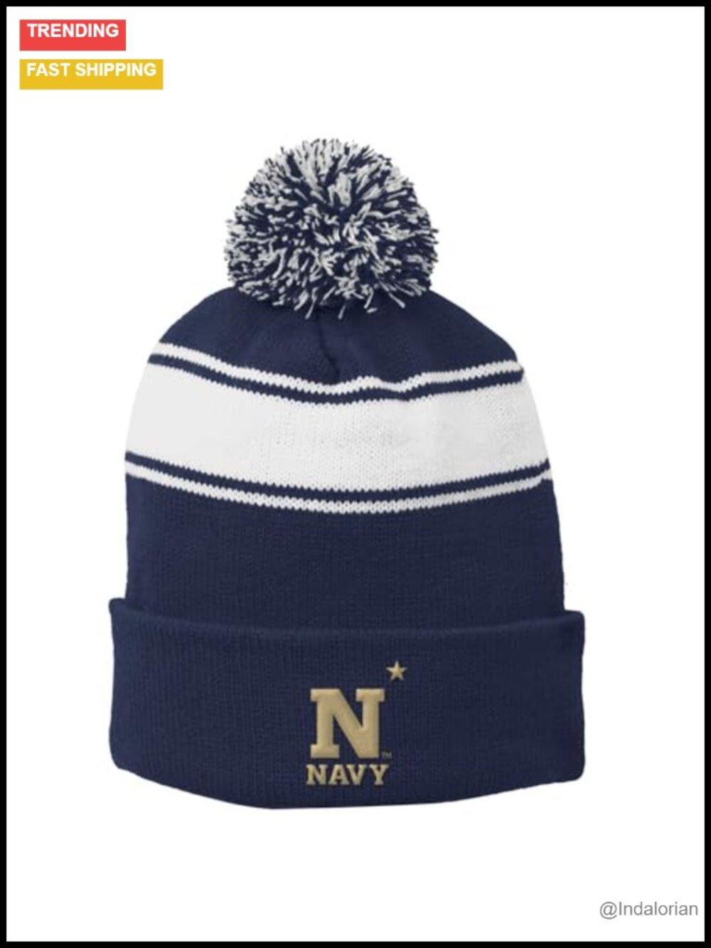 NCAA US Naval Academy Stripe Pom Pom Cuffed Beanie Acrylic Unisex